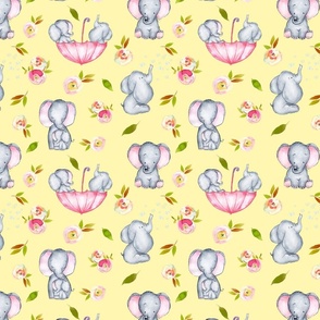 8" Cute elephants and flowers on yellow