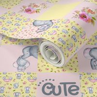 21" Little Elephants and Cute Animals Patchwork - baby girls quilt cheater quilt fabric - spring animals flower fabric, baby fabric, cheater quilt fabric 