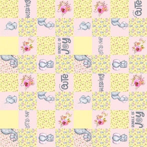 18" Little Elephants and Cute Animals Patchwork - baby girls quilt cheater quilt fabric - spring animals flower fabric, baby fabric, cheater quilt fabric  - left side