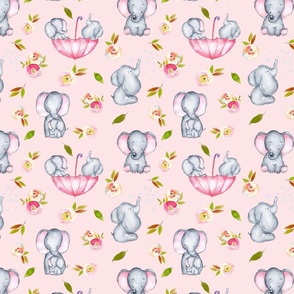 8" Cute elephants and flowers on pink 