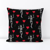 Skeleton in love holds a heart-shaped balloon