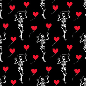 Skeleton in love holds a heart-shaped balloon