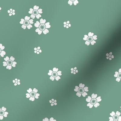 flower stamp fabric - sakura cherry blossom stamp, simple floral fabric, minimal flower fabric - green