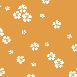 flower stamp fabric - sakura cherry blossom stamp, simple floral fabric, minimal flower fabric -mustard