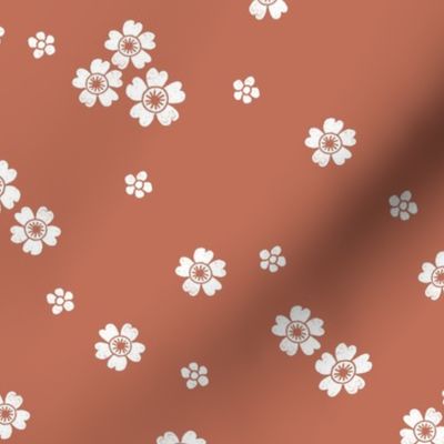 flower stamp fabric - sakura cherry blossom stamp, simple floral fabric, minimal flower fabric - rust