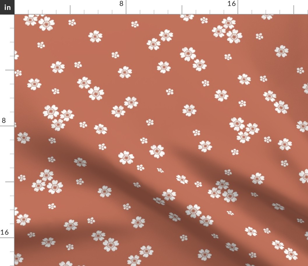 flower stamp fabric - sakura cherry blossom stamp, simple floral fabric, minimal flower fabric - rust