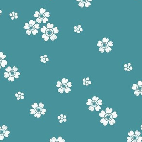 flower stamp fabric - sakura cherry blossom stamp, simple floral fabric, minimal flower fabric - teal