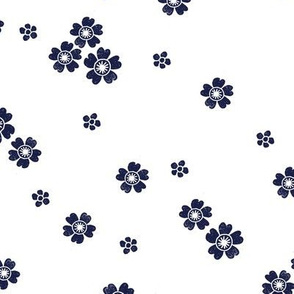 flower stamp fabric - sakura cherry blossom stamp, simple floral fabric, minimal flower fabric - navy on white