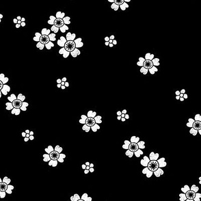 flower stamp fabric - sakura cherry blossom stamp, simple floral fabric, minimal flower fabric - black