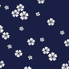 flower stamp fabric - sakura cherry blossom stamp, simple floral fabric, minimal flower fabric - navy