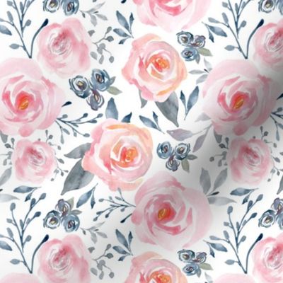 Sophia Floral – Watercolor Blooms, Pink Blush Gray Navy, MEDIUM scale