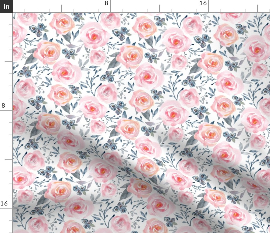 Sophia Floral – Watercolor Blooms, Pink Blush Gray Navy, MEDIUM scale