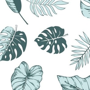 tropical leaves in mint and pine on white