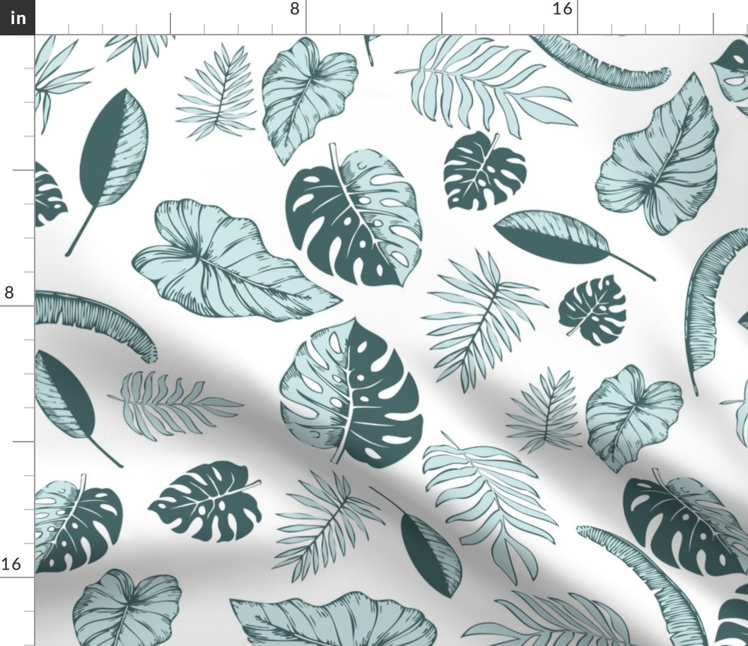 tropical leaves in mint and pine on white