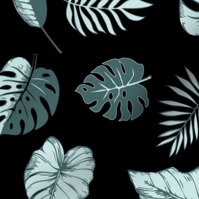 tropical leaves in mint and pine on black