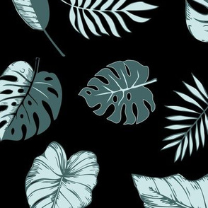 tropical leaves in mint and pine on black