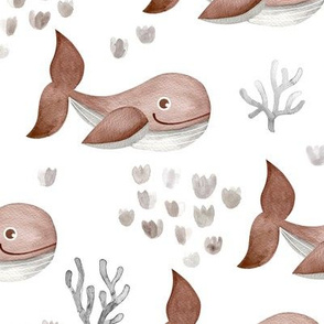 Deep sea watercolor whales and coral fish ocean kids theme nursery neutral rust brown