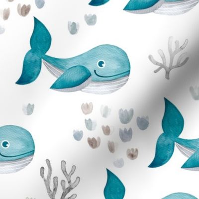 Deep sea watercolor whales and coral fish ocean kids theme nursery cool blue boys