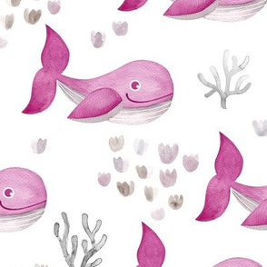 Deep sea watercolor whales and coral fish ocean kids theme nursery girls magenta pink