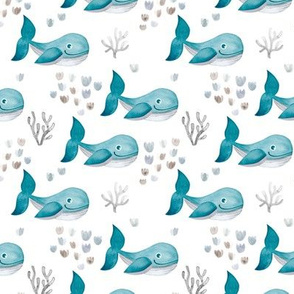 Deep sea watercolor whales and coral fish ocean kids theme nursery cool blue boys SMALL