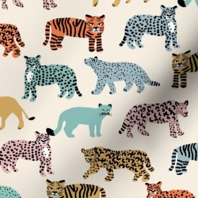 big cats pattern fabric - tiger fabric, cheetah fabric animals fabric  multi cream