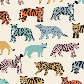 big cats pattern fabric - tiger fabric, cheetah fabric animals fabric  multi cream