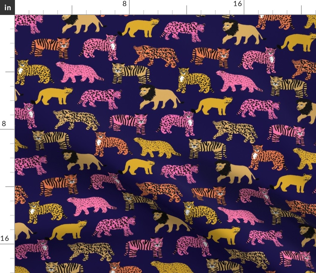 big cats pattern fabric - tiger fabric, cheetah fabric animals fabric  pink, orange, yellow