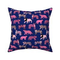 big cats pattern fabric - tiger fabric, cheetah fabric animals fabric pink and navy
