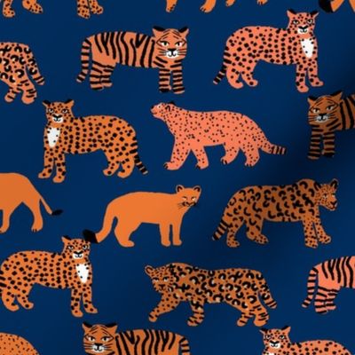 big cats pattern fabric - tiger fabric, cheetah fabric animals fabric - navy and orange