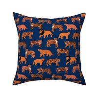 big cats pattern fabric - tiger fabric, cheetah fabric animals fabric - navy and orange