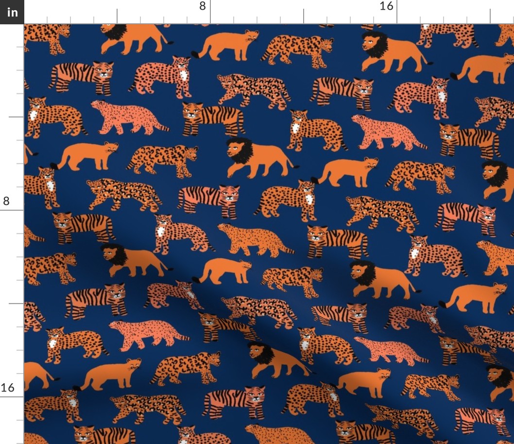 big cats pattern fabric - tiger fabric, cheetah fabric animals fabric - navy and orange