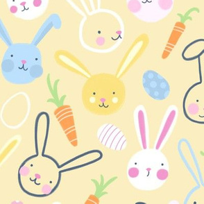 Easter Bunnies with Carrots and Jelly Eggs on Yellow by Angel Gerardo