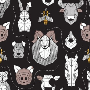 Small scale // Friendly Geometric Farm Animals // black background black and white brown grey and yellow pigs queen bees lambs cows bulls dogs cats horses chickens and bunnies