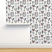 Small scale // Friendly Geometric Farm Animals // white background black and white brown grey and yellow pigs queen bees lambs cows bulls dogs cats horses chickens and bunnies