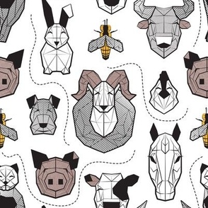 Small scale // Friendly Geometric Farm Animals // white background black and white brown grey and yellow pigs queen bees lambs cows bulls dogs cats horses chickens and bunnies