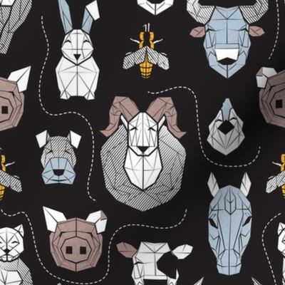 Small scale // Friendly Geometric Farm Animals // black background black and white brown pastel blue and yellow pigs queen bees lambs cows bulls dogs cats horses chickens and bunnies