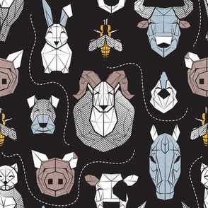 Small scale // Friendly Geometric Farm Animals // black background black and white brown pastel blue and yellow pigs queen bees lambs cows bulls dogs cats horses chickens and bunnies