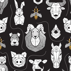 Small scale // Friendly Geometric Farm Animals // black background black and white pigs lambs cows bulls dogs cats horses chickens bunnies  and yellow queen bees