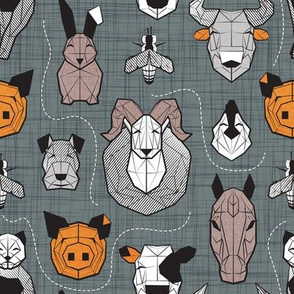 Small scale // Friendly Geometric Farm Animals // black background black and white brown grey and orange pigs queen bees lambs cows bulls dogs cats horses chickens and bunnies