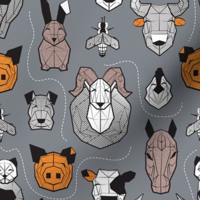 Small scale // Friendly Geometric Farm Animals // grey background black and white brown grey and orange pigs queen bees lambs cows bulls dogs cats horses chickens and bunnies