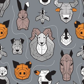 Small scale // Friendly Geometric Farm Animals // grey background black and white brown grey and orange pigs queen bees lambs cows bulls dogs cats horses chickens and bunnies