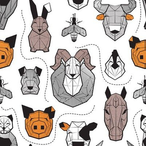 Small scale // Friendly Geometric Farm Animals // white background black and white brown grey and orange pigs queen bees lambs cows bulls dogs cats horses chickens and bunnies