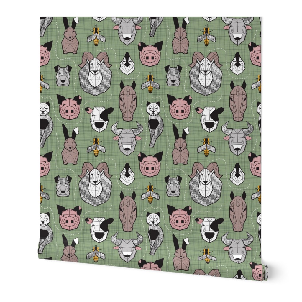 Small scale // Friendly Geometric Farm Animals // sage green background black and white brown grey yellow and blush pink pigs queen bees lambs cows bulls dogs cats horses chickens and bunnies