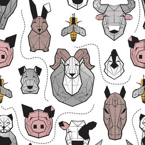 Small scale // Friendly Geometric Farm Animals // white background black and white brown grey yellow and blush pink pigs queen bees lambs cows bulls dogs cats horses chickens and bunnies