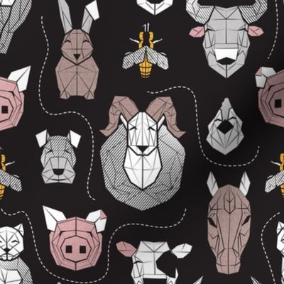 Small scale // Friendly Geometric Farm Animals // black background black and white brown grey yellow and blush pink pigs queen bees lambs cows bulls dogs cats horses chickens and bunnies