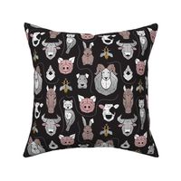 Small scale // Friendly Geometric Farm Animals // black background black and white brown grey yellow and blush pink pigs queen bees lambs cows bulls dogs cats horses chickens and bunnies