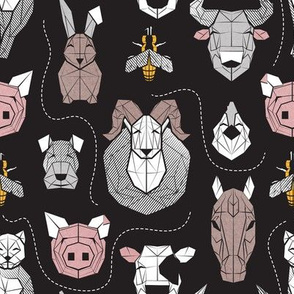 Small scale // Friendly Geometric Farm Animals // black background black and white brown grey yellow and blush pink pigs queen bees lambs cows bulls dogs cats horses chickens and bunnies