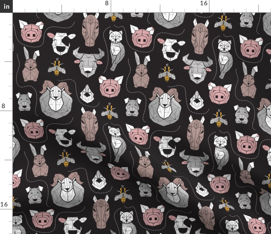 Small scale // Friendly Geometric Farm Animals // black background black and white brown grey yellow and blush pink pigs queen bees lambs cows bulls dogs cats horses chickens and bunnies