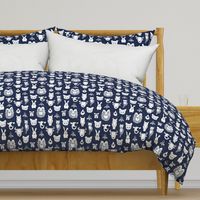 Small scale // Friendly Geometric Farm Animals // navy blue background white pigs queen bees lambs cows bulls dogs cats horses chickens and bunnies