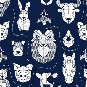 Small scale // Friendly Geometric Farm Animals // navy blue background white pigs queen bees lambs cows bulls dogs cats horses chickens and bunnies